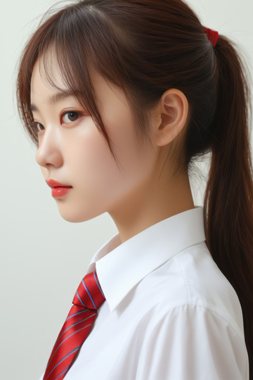 穿白衬衫打红领带的女生侧影