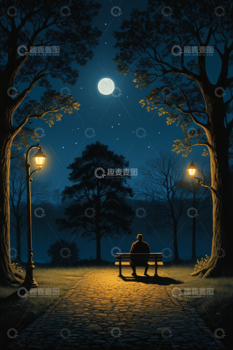 高清大图下载【趣麦麦图】夜晚公园长椅上独坐的人