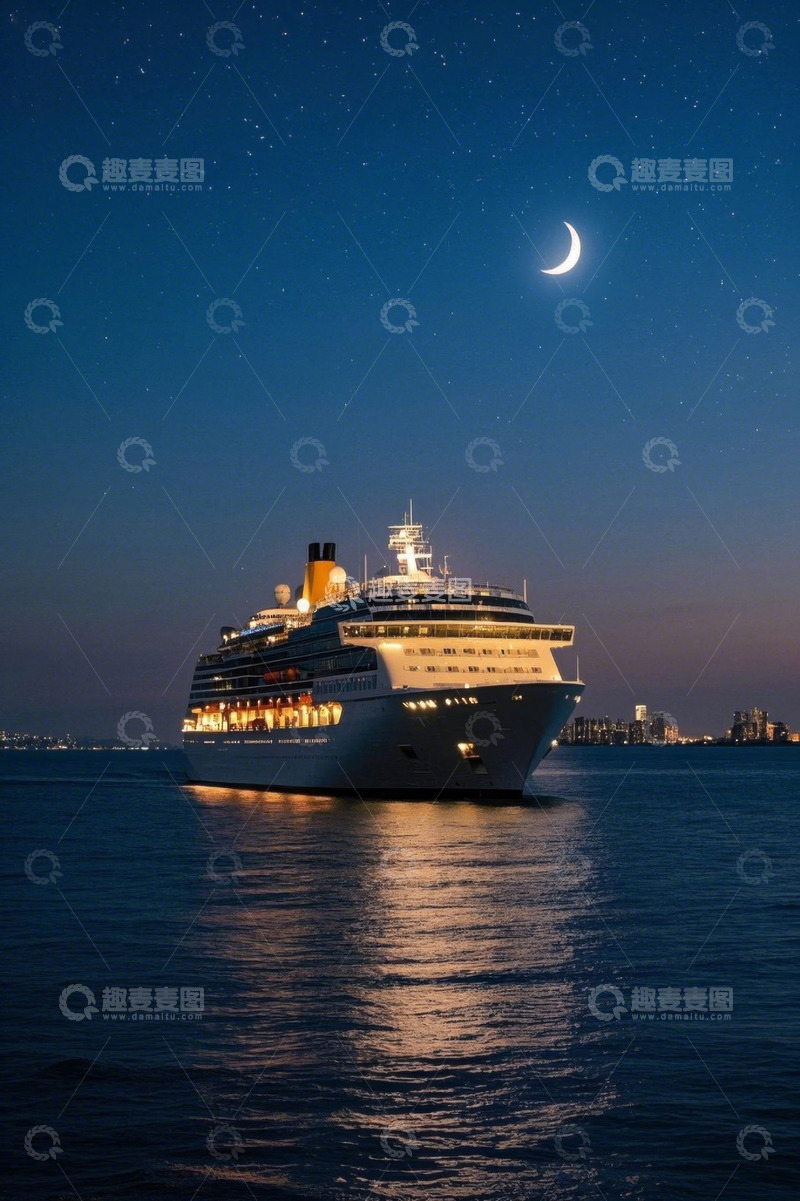 高清大图下载【趣麦麦图】月夜下航行的海上游轮
