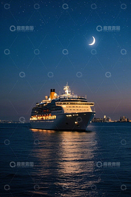 月夜下航行的海上游轮