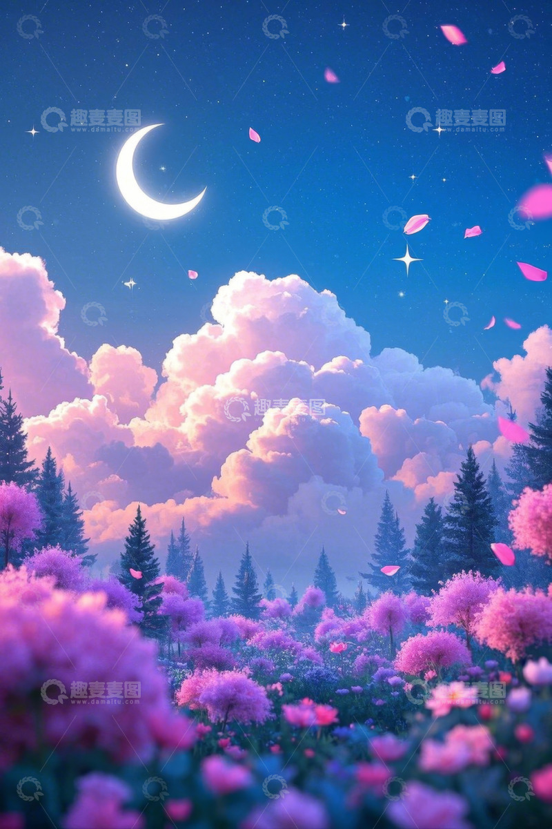 高清大图下载【趣麦麦图】月夜下的梦幻花海与森林