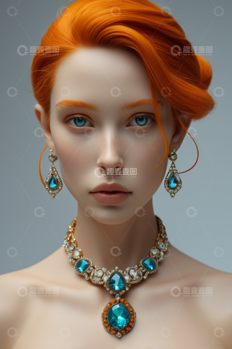 高清大图下载【趣麦麦图】红发女性佩戴珠宝首饰特写