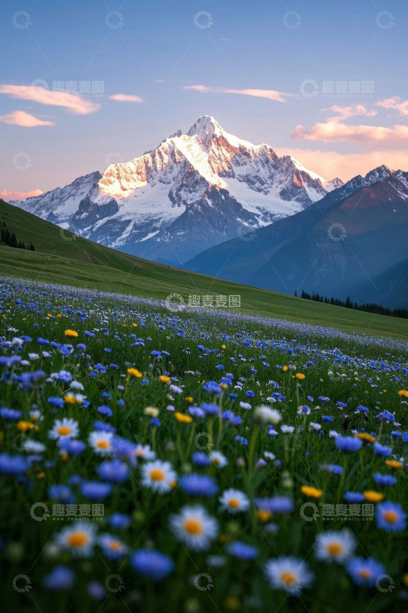 高清大图下载【趣麦麦图】雪山下的花海自然风光