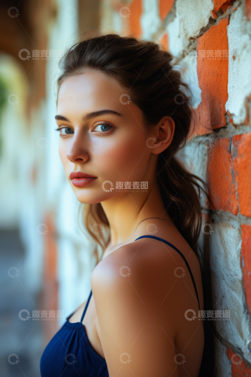 高清大图下载【趣麦麦图】倚靠墙边的年轻女性肖像