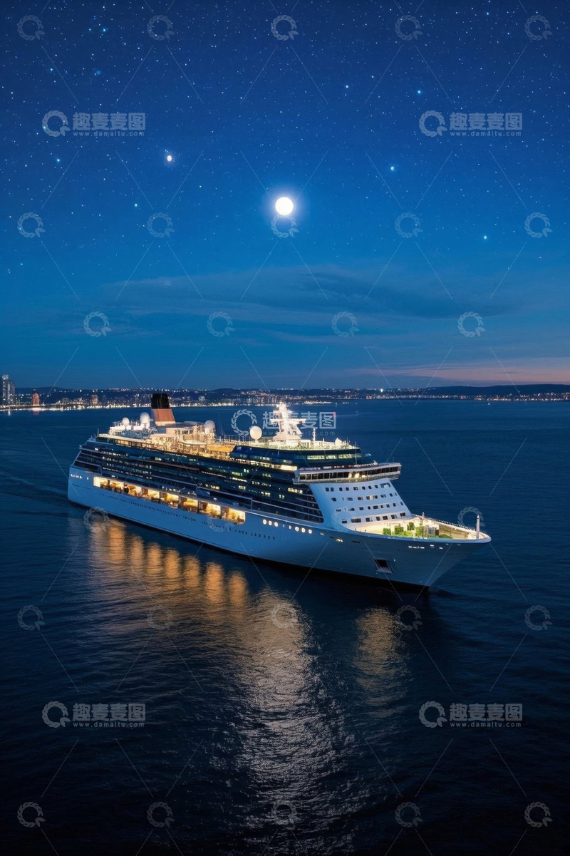 高清大图下载【趣麦麦图】夜晚海上航行的大型游轮