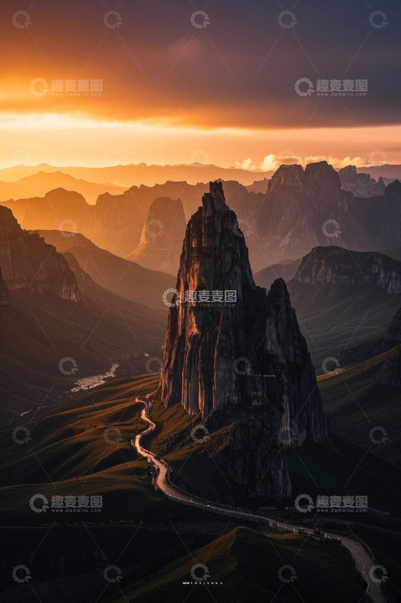 高清大图下载【趣麦麦图】夕阳下山间公路与孤峰景观