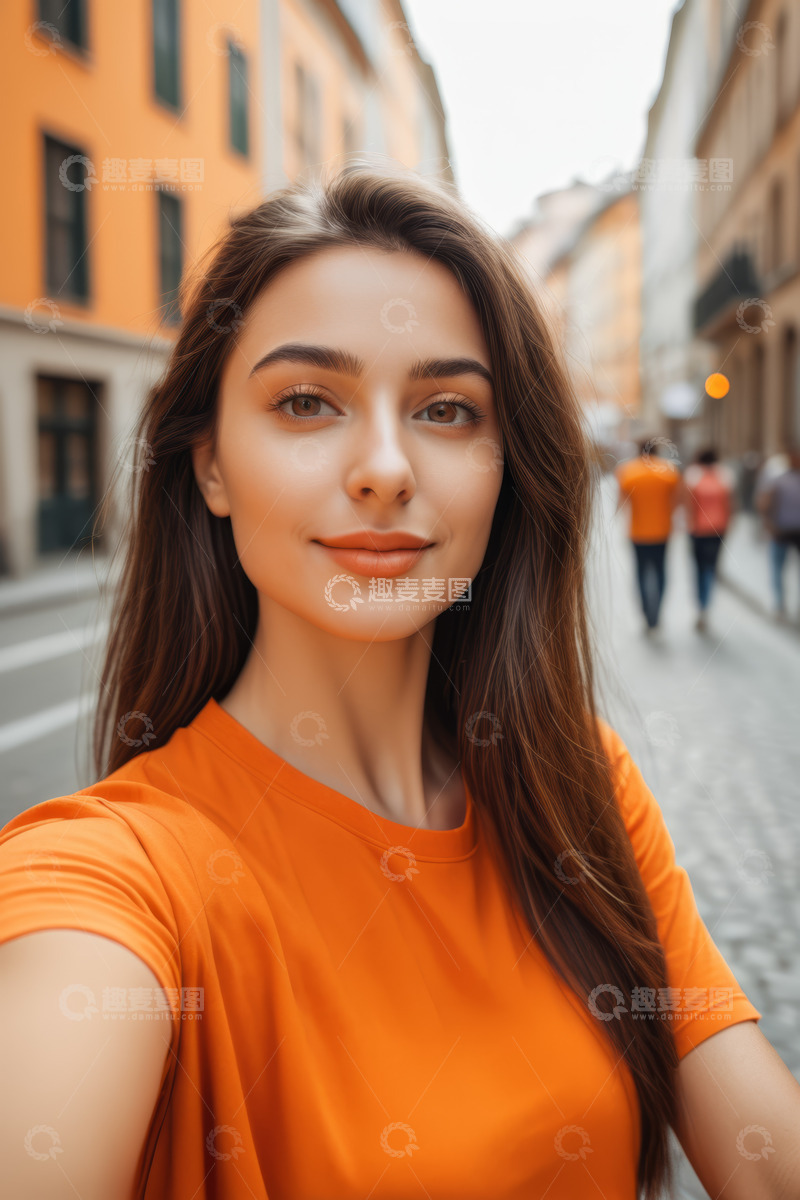高清大图下载【趣麦麦图】户外橙色上衣女孩自拍