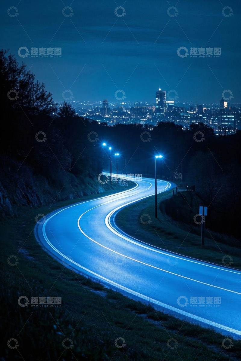 高清大图下载【趣麦麦图】夜晚蜿蜒道路与城市夜景