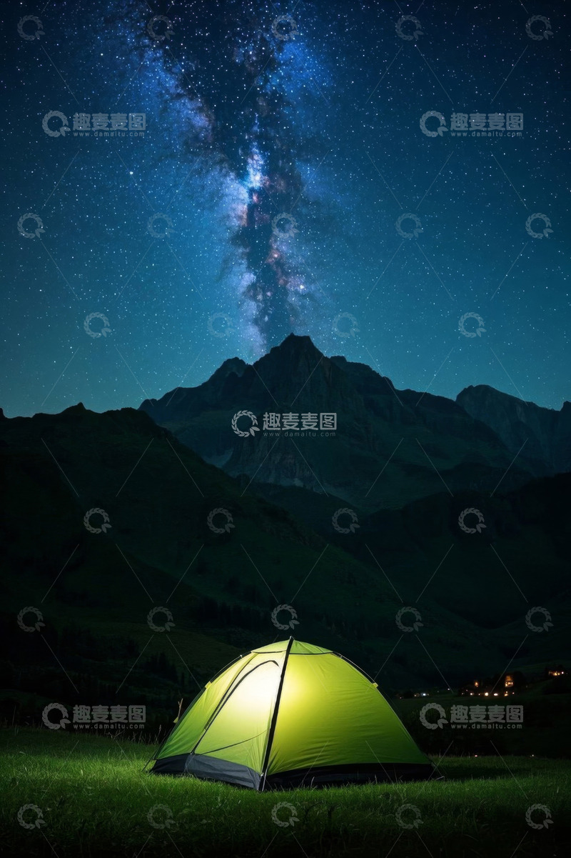高清大图下载【趣麦麦图】山间草地露营帐篷与星空夜景