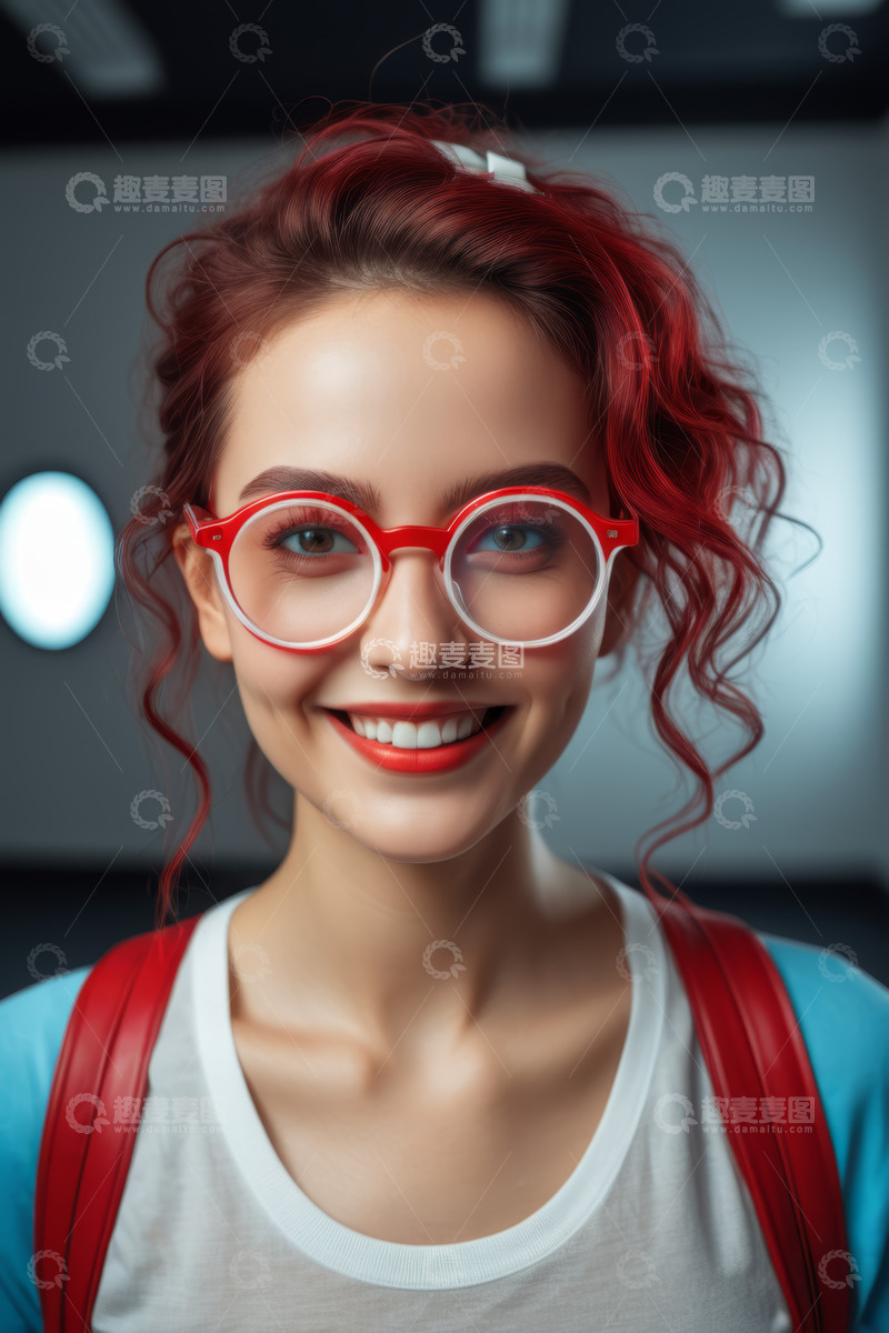 高清大图下载【趣麦麦图】红发女孩戴红框眼镜微笑特写
