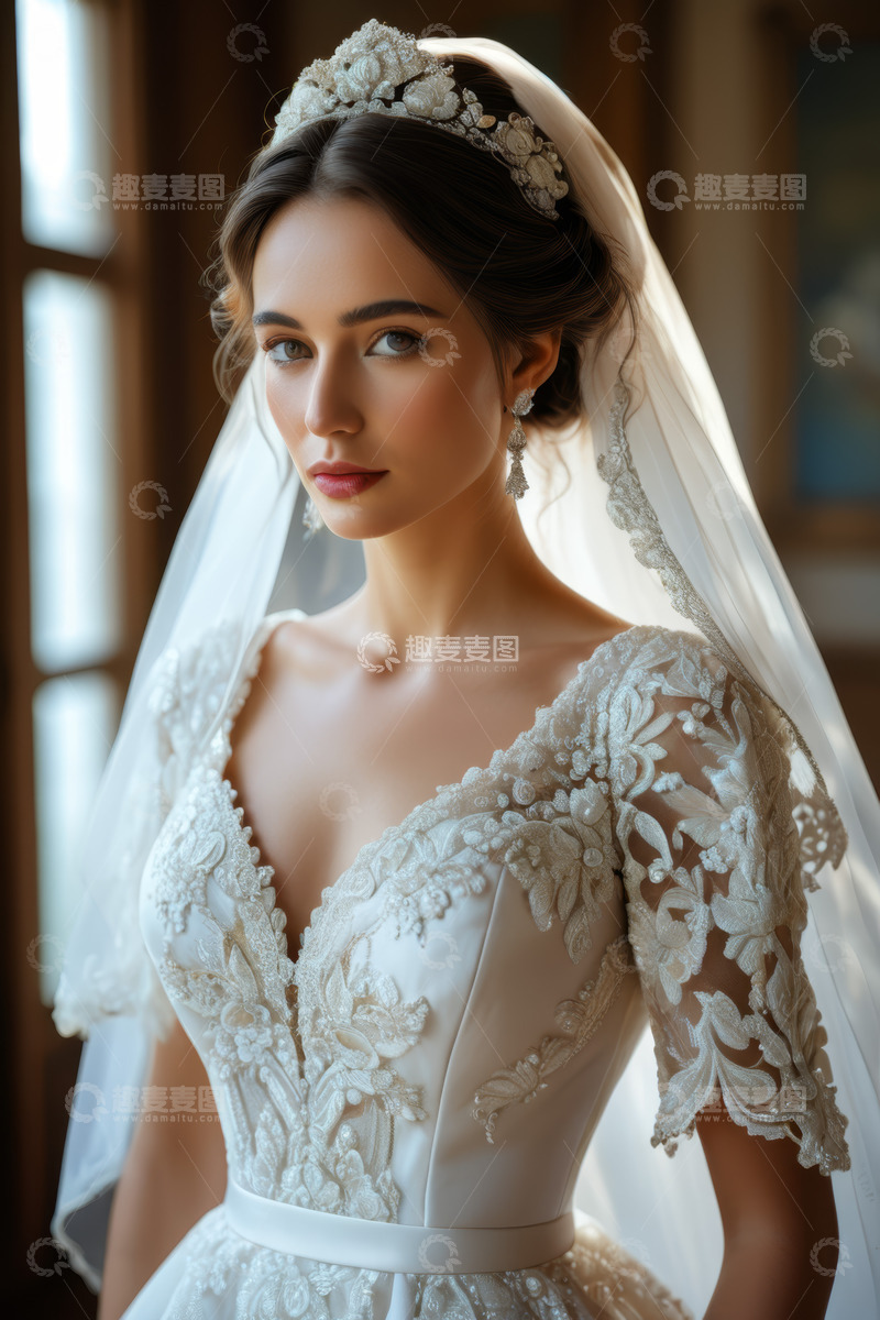 高清大图下载【趣麦麦图】新娘身着婚纱佩戴头纱特写