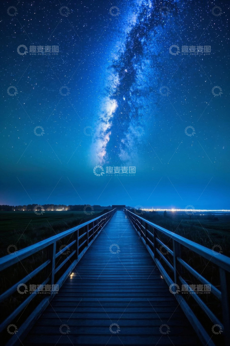 高清大图下载【趣麦麦图】木栈道上仰望星空夜景
