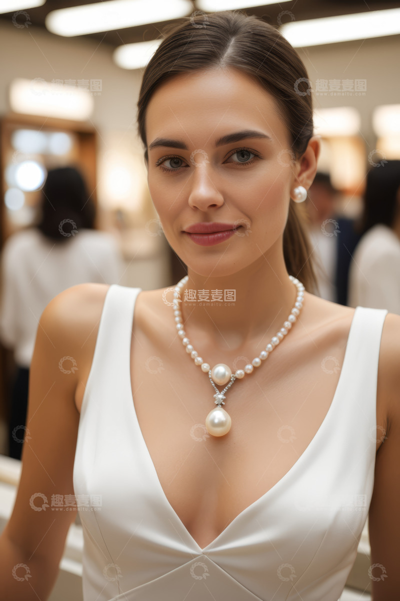 高清大图下载【趣麦麦图】佩戴珍珠项链的优雅女性