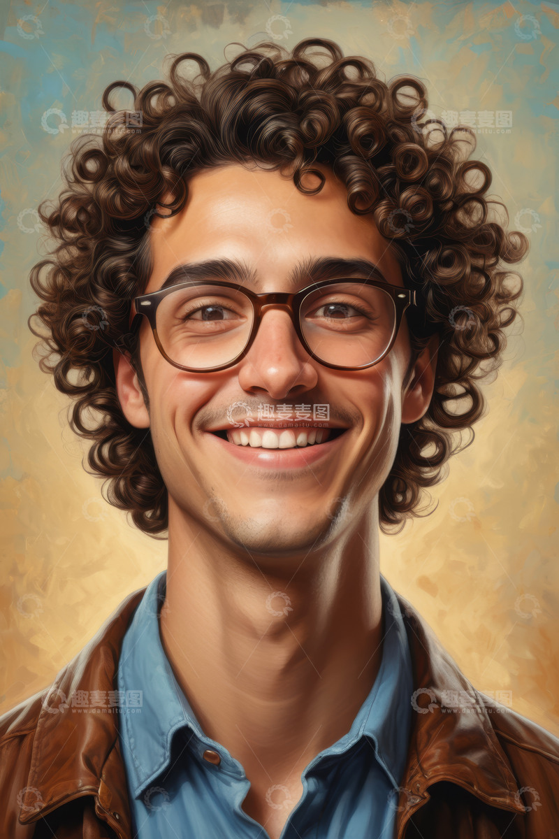 高清大图下载【趣麦麦图】戴眼镜卷发男子微笑肖像