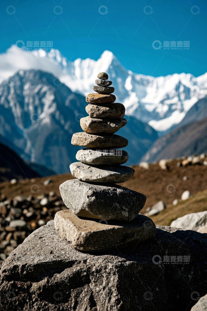 高清大图下载【趣麦麦图】户外山间堆叠的石头与雪山背景