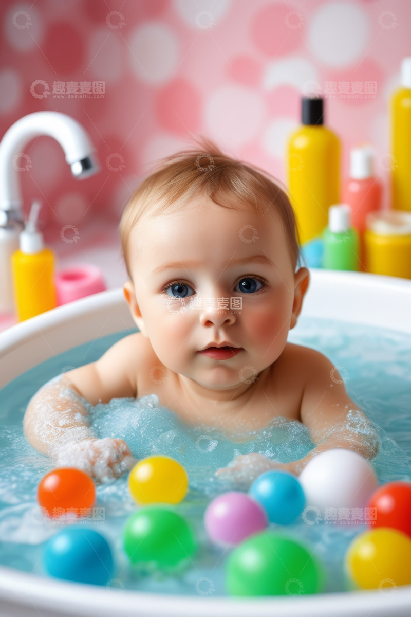 高清大图下载【趣麦麦图】婴儿在浴缸中玩彩色球