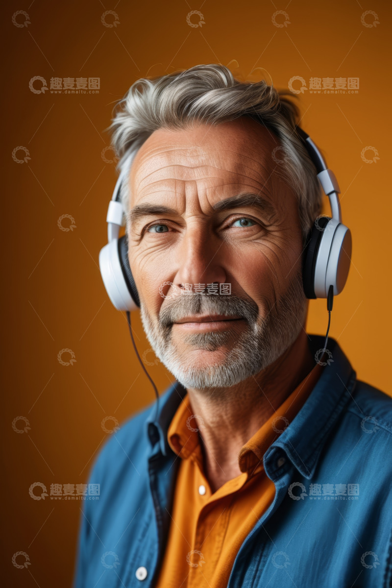 高清大图下载【趣麦麦图】戴耳机的中老年男性肖像