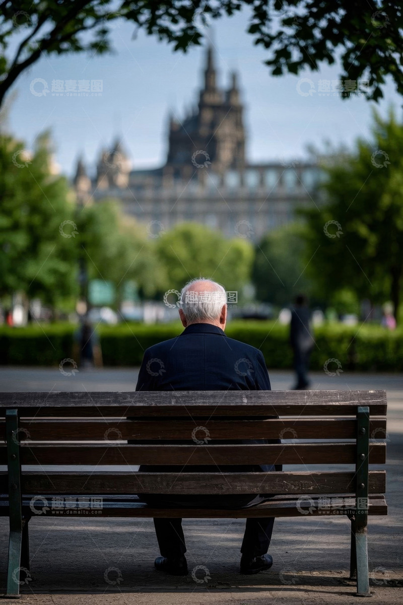 高清大图下载【趣麦麦图】老人公园长椅静坐远望建筑