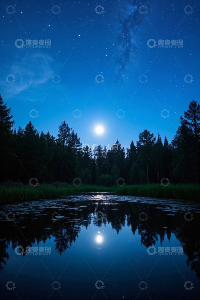 高清大图下载【趣麦麦图】月夜森林湖泊星空景象