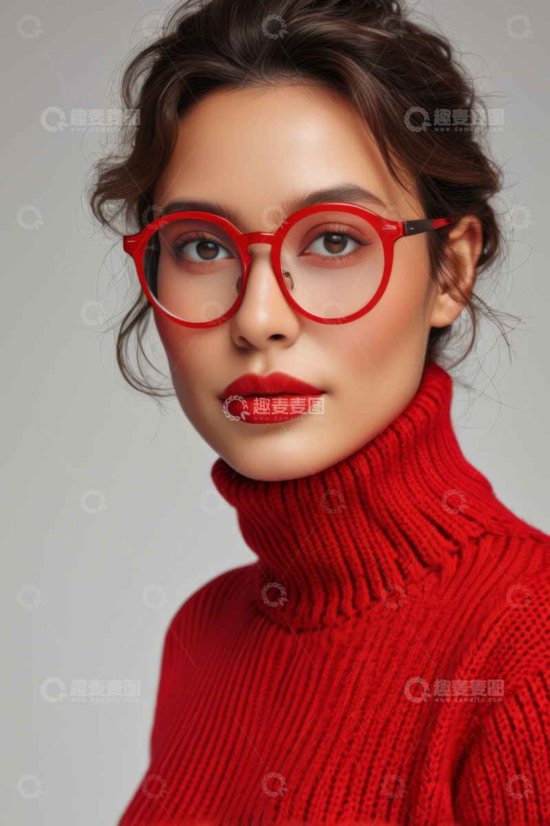 高清大图下载【趣麦麦图】戴红框眼镜的红衣女性肖像