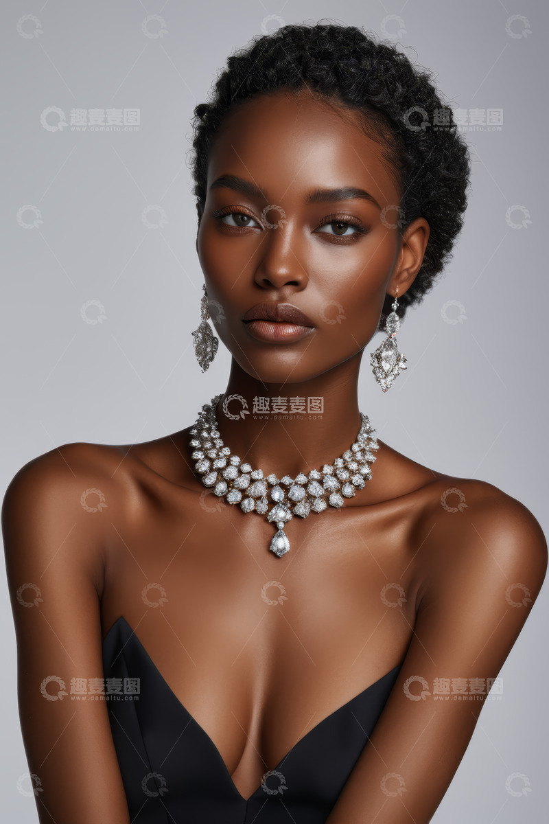 高清大图下载【趣麦麦图】佩戴奢华珠宝的黑人女性肖像