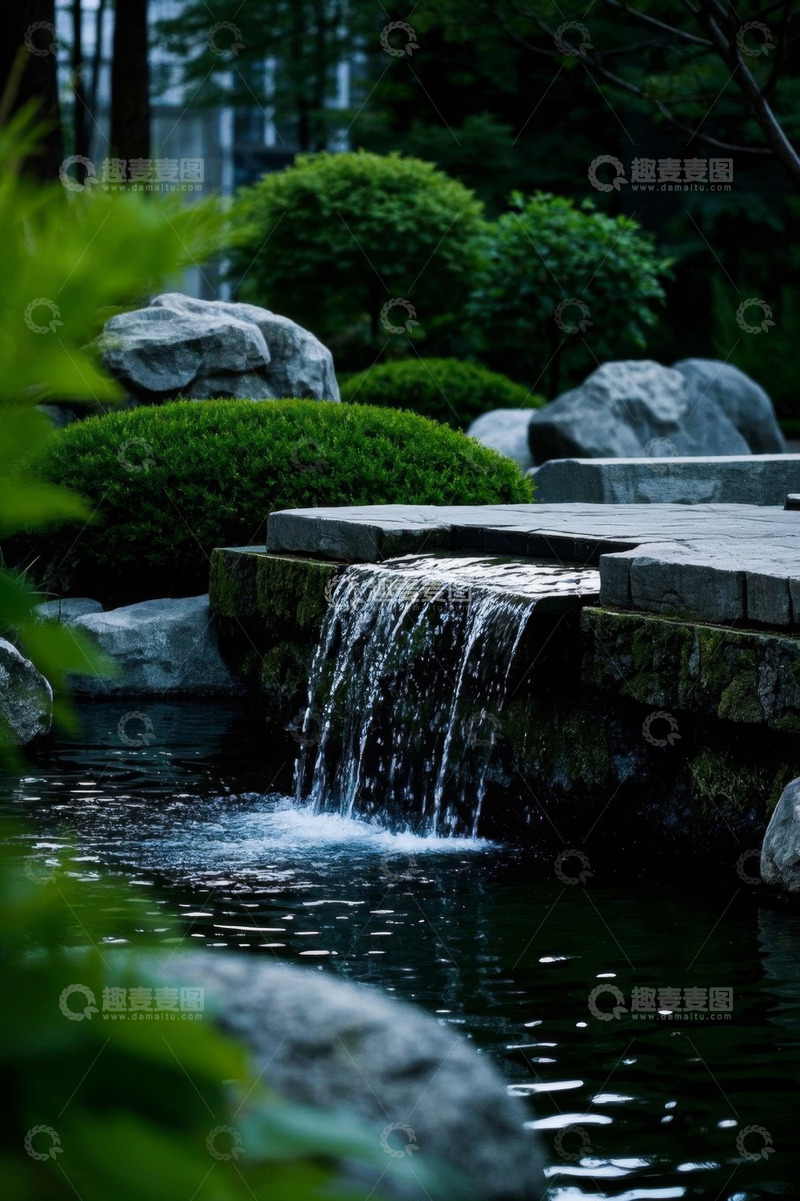 高清大图下载【趣麦麦图】公园内小瀑布与绿植景观