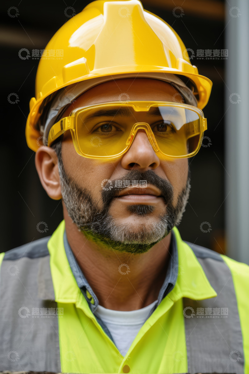 高清大图下载【趣麦麦图】戴安全帽穿反光衣的工人特写