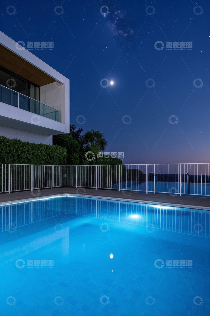 高清大图下载【趣麦麦图】现代别墅旁的夜间游泳池