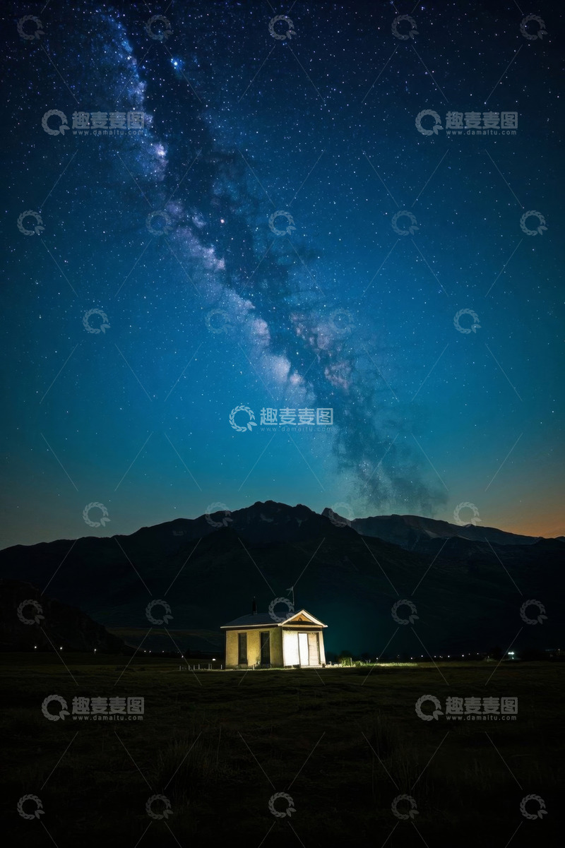 高清大图下载【趣麦麦图】夜空下小屋与山脉的银河景观