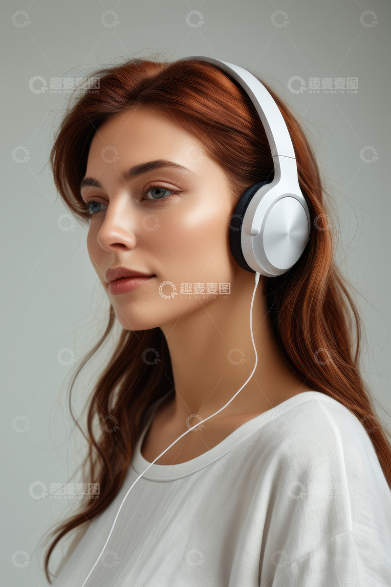 高清大图下载【趣麦麦图】红发女子佩戴白色耳机侧脸