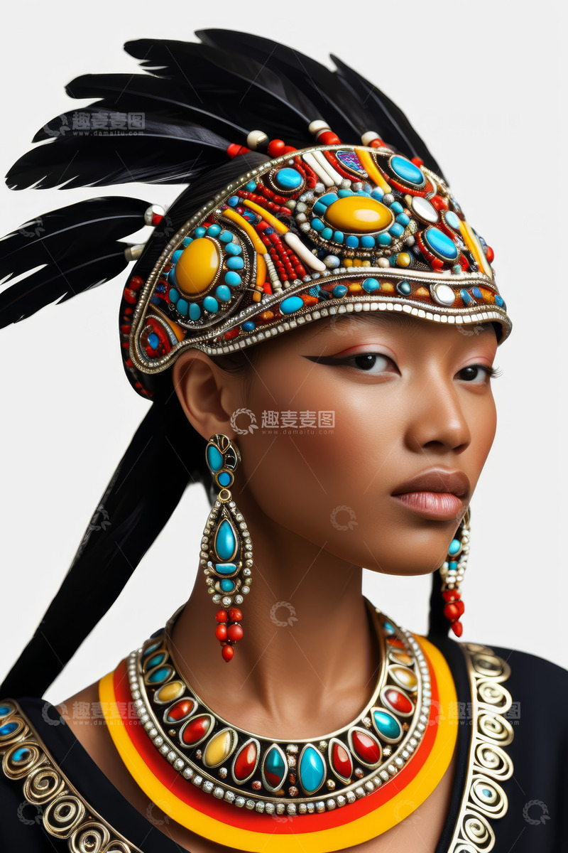 高清大图下载【趣麦麦图】佩戴民族头饰珠宝的女性肖像