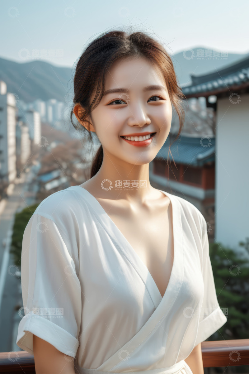 高清大图下载【趣麦麦图】微笑女子于传统建筑旁的留影