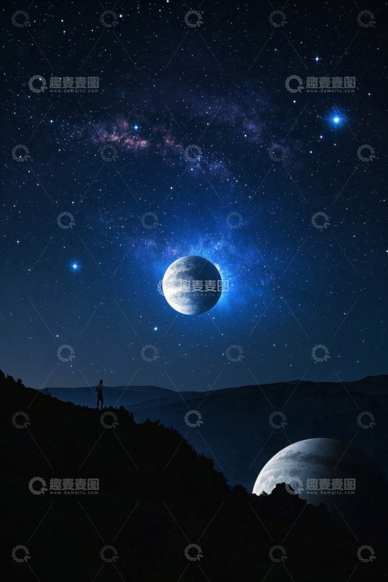 高清大图下载【趣麦麦图】人在山间仰望星空与巨月