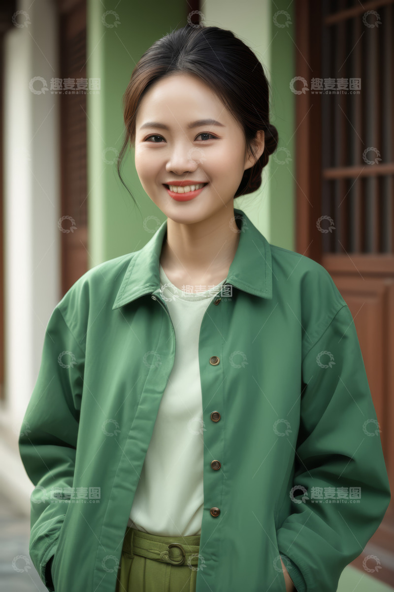 高清大图下载【趣麦麦图】身着绿衣微笑的年轻女性