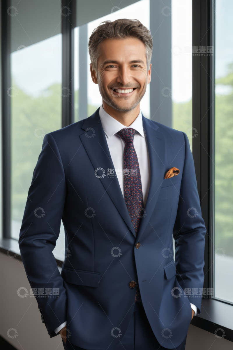 高清大图下载【趣麦麦图】西装男士微笑站立办公室窗边