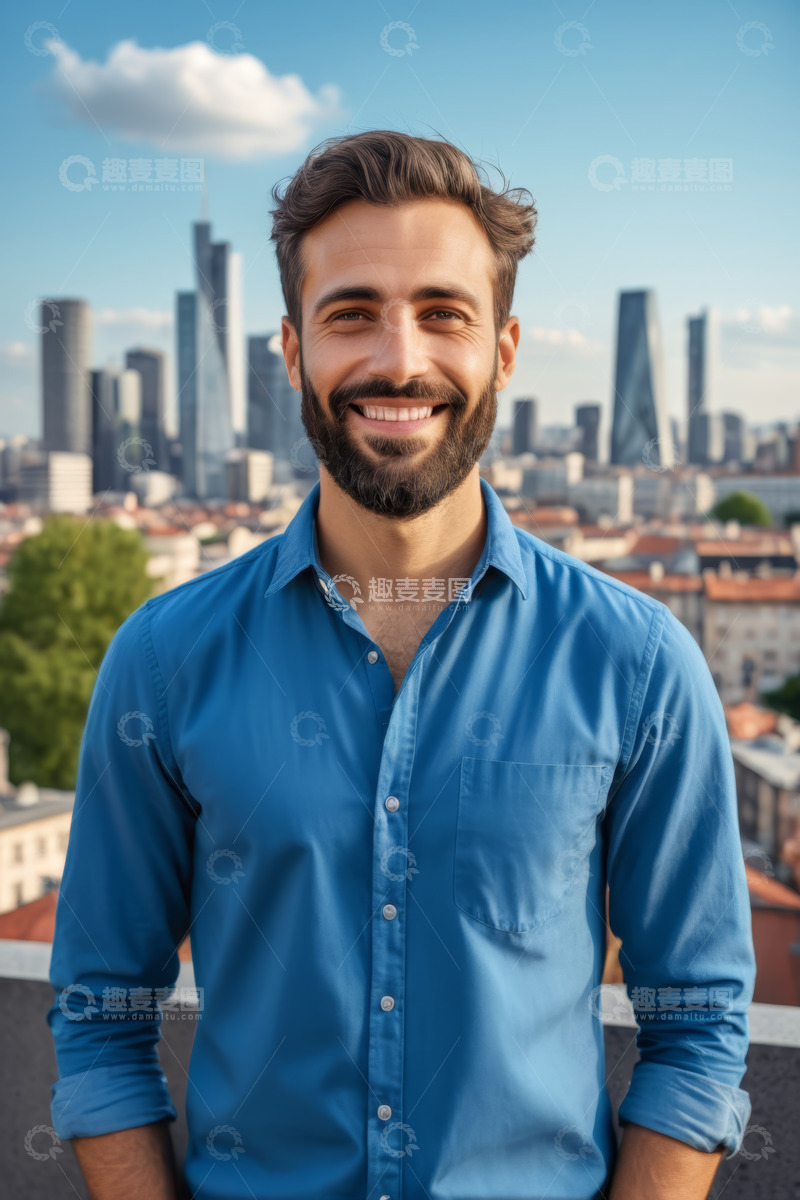 高清大图下载【趣麦麦图】户外微笑男子与城市天际线
