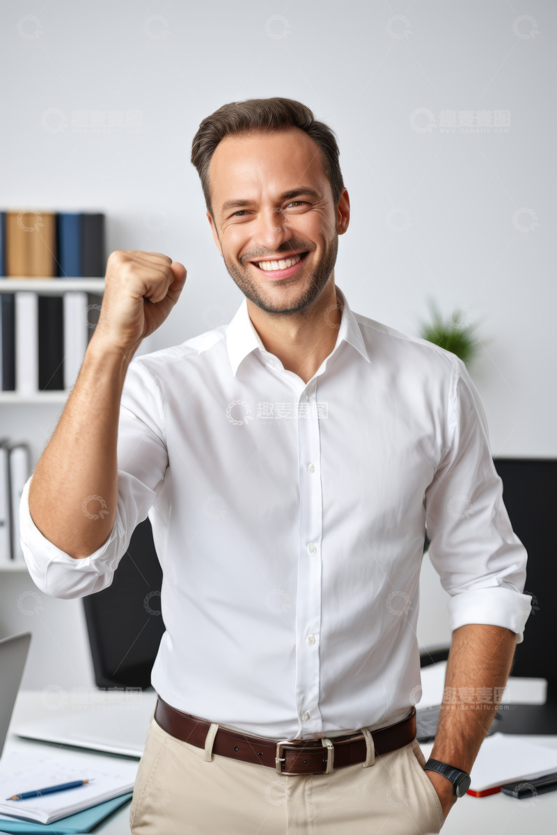 高清大图下载【趣麦麦图】商务男士办公室握拳庆祝