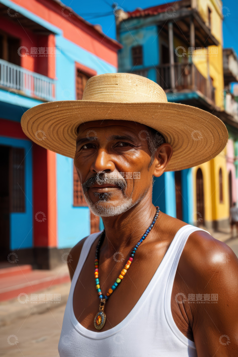 高清大图下载【趣麦麦图】古巴街头戴草帽的男子肖像