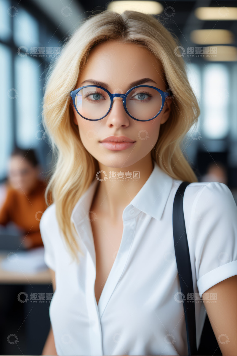 高清大图下载【趣麦麦图】金发女商人戴眼镜办公场景