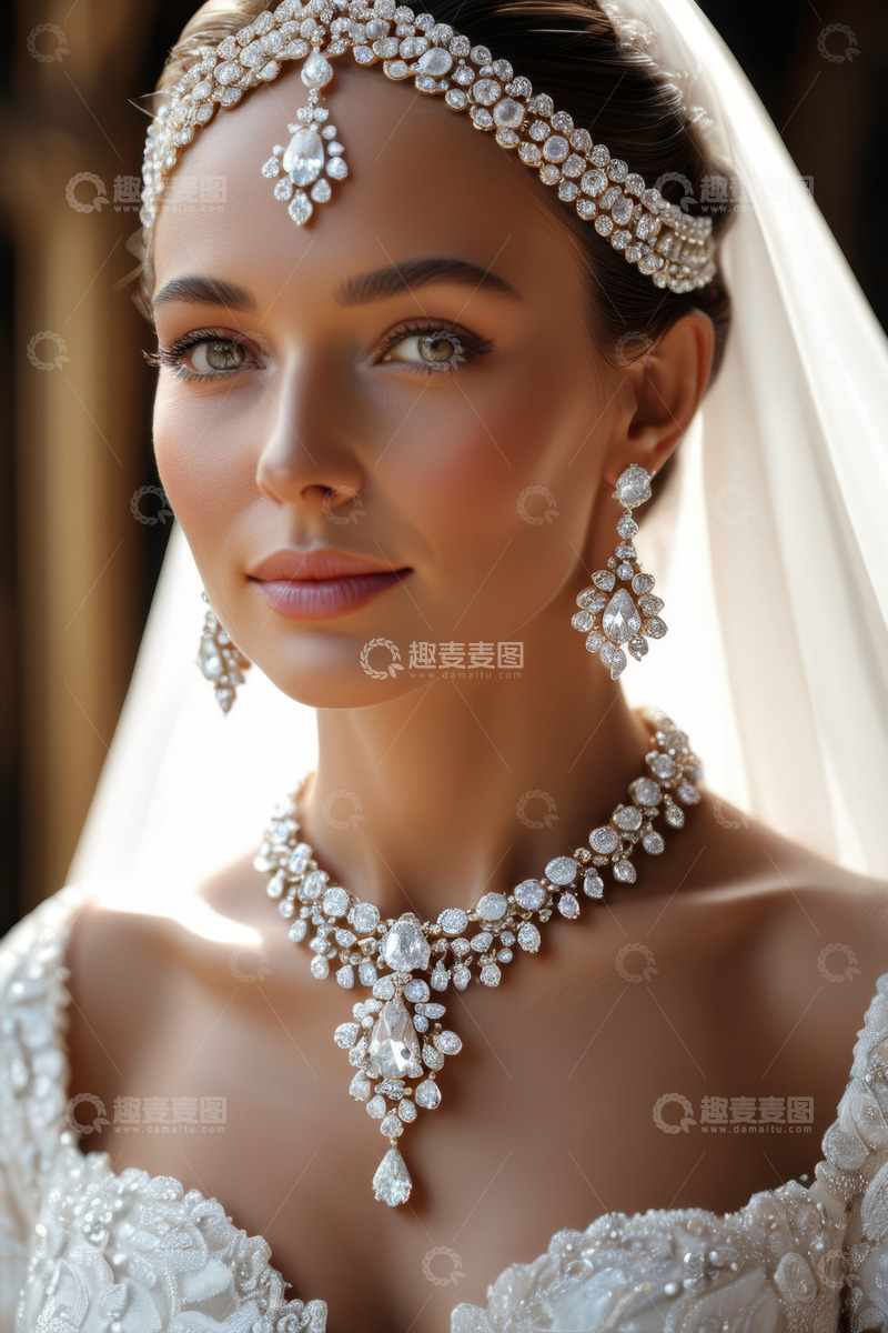 高清大图下载【趣麦麦图】佩戴华丽珠宝的新娘特写