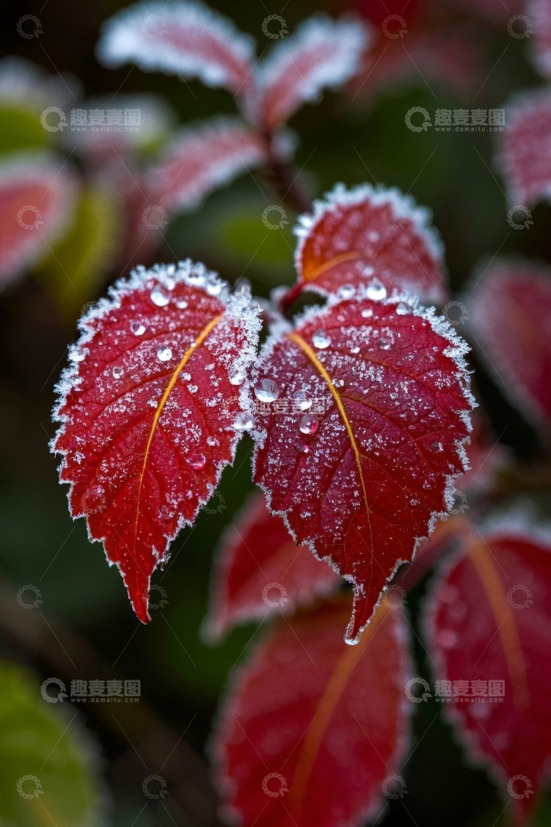 高清大图下载【趣麦麦图】覆霜红叶微距特写