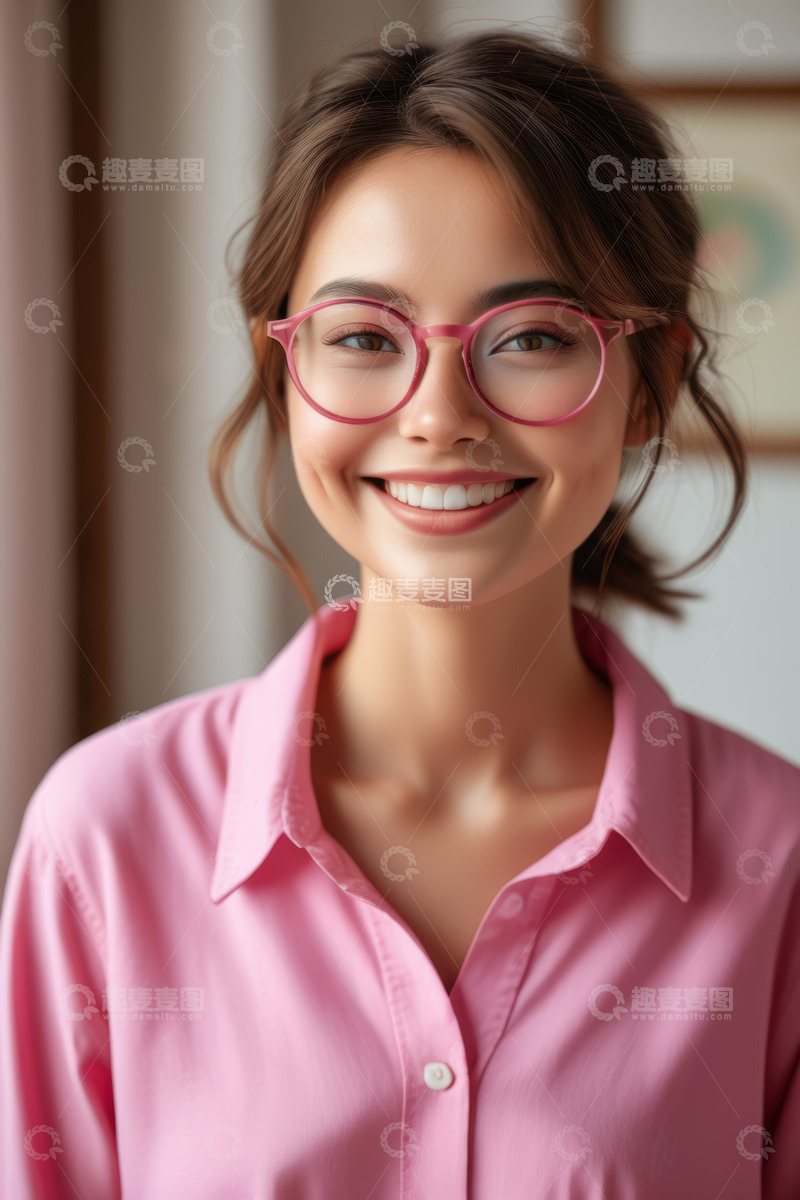 高清大图下载【趣麦麦图】室内微笑戴眼镜的女性肖像