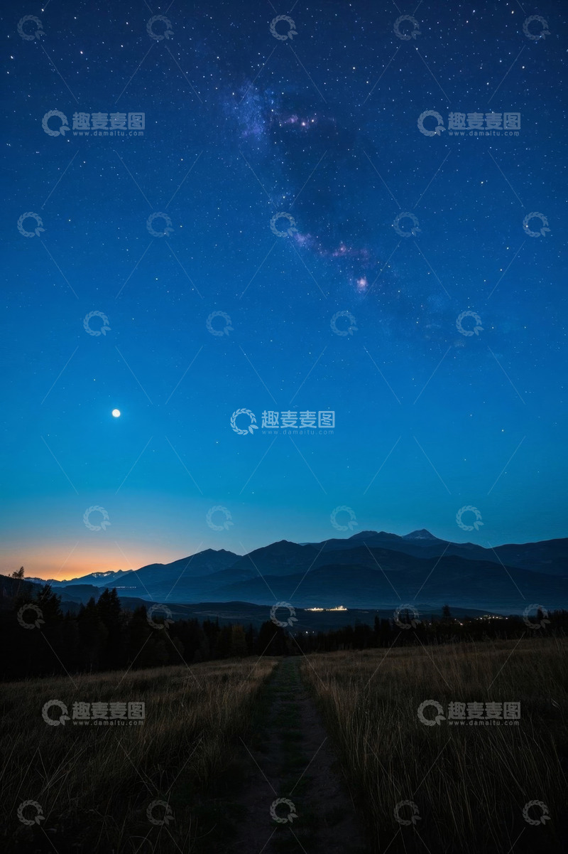 高清大图下载【趣麦麦图】山间草地夜空银河景象
