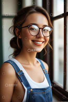 窗边微笑的年轻女性肖像