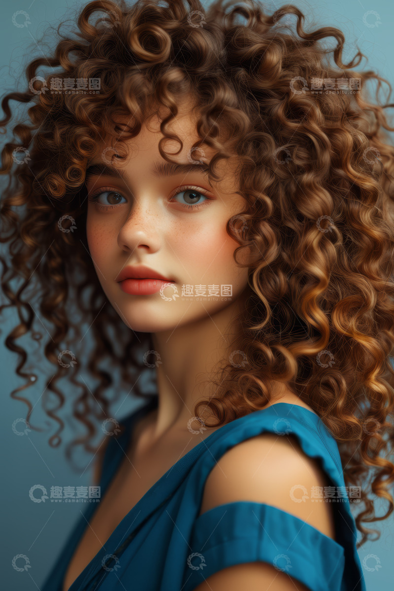 高清大图下载【趣麦麦图】卷发年轻女子肖像特写