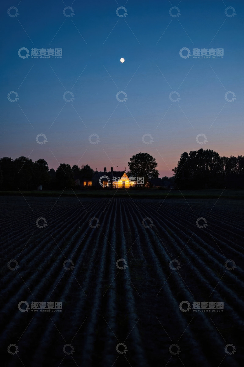 高清大图下载【趣麦麦图】月夜下农田与亮灯房屋景象