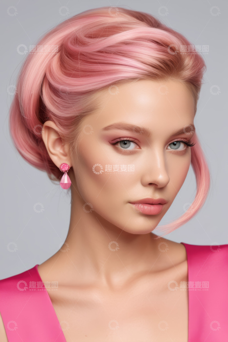 高清大图下载【趣麦麦图】粉发女孩精致妆容特写
