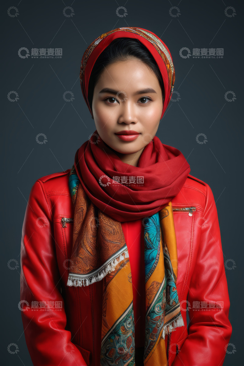 高清大图下载【趣麦麦图】戴头巾围巾的红衣女子肖像