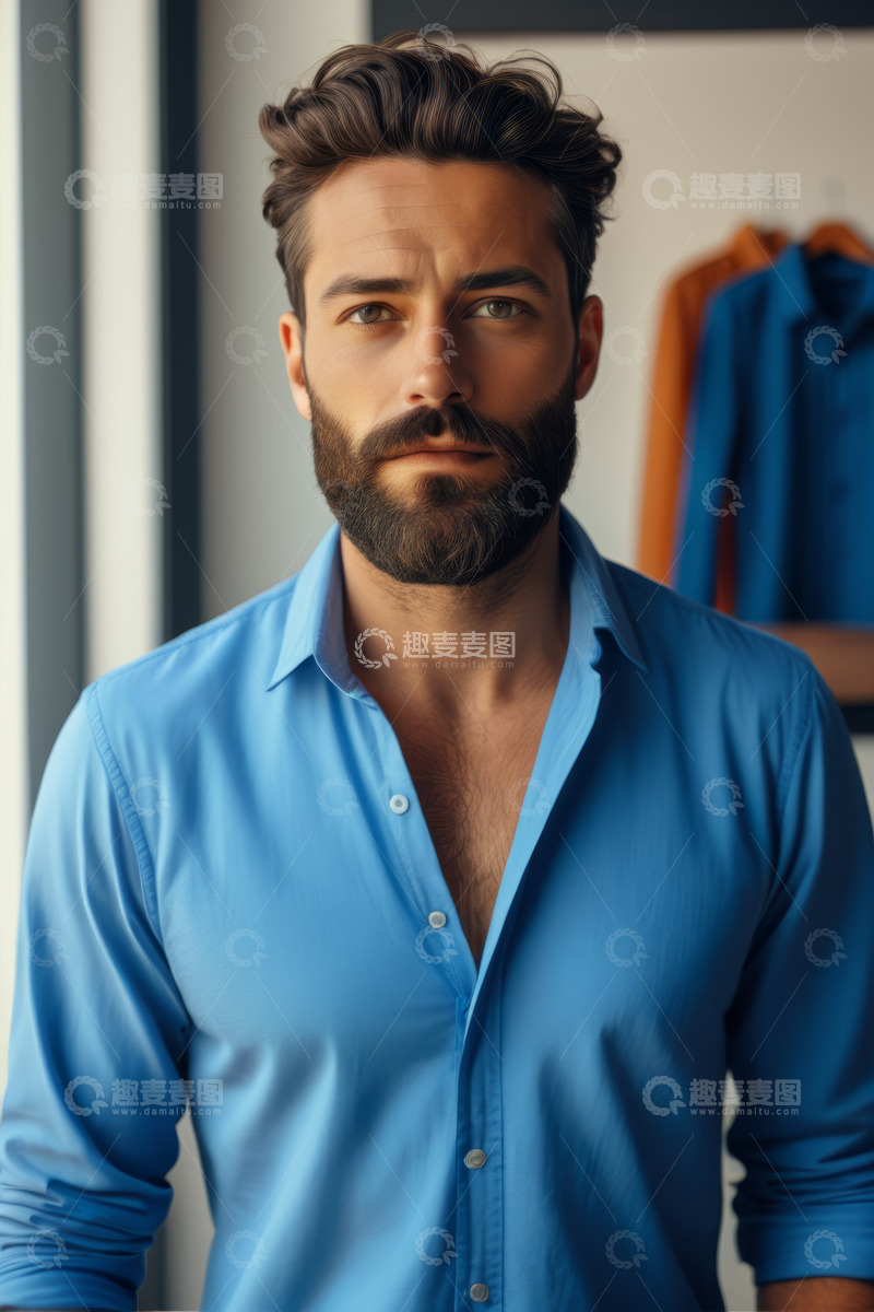 高清大图下载【趣麦麦图】穿着蓝色衬衫的男子肖像