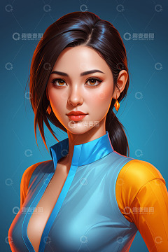 身着蓝黄服饰的女性肖像